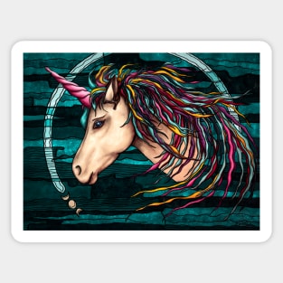 Rainbow unicorn art on teal blue background, Colorful unicorn Sticker